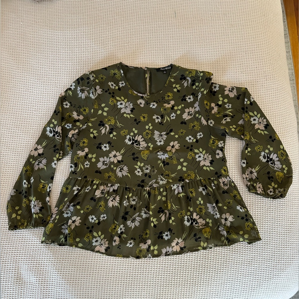 Madewell Olive Green Chiffon Peplum  Floral Long Sleeve Top